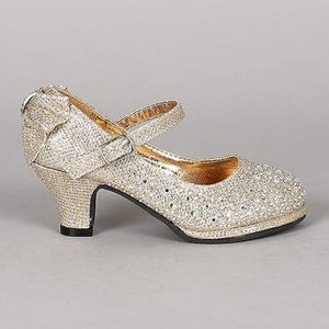 Toddler/Little/Big Girl Glitter Rhinestone Bow Mary Jane Kitten Heel Pump -RGold